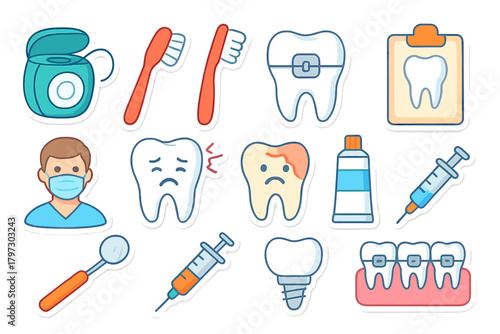 Set of dental care and hygiene icons featuring teeth, treatment tools, and professional staff