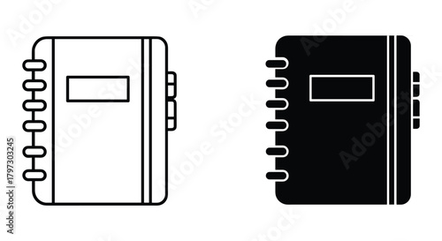 Spiral notebook icon set with outline and solid glyph styles, perfect for planner and diary graphics and apps.