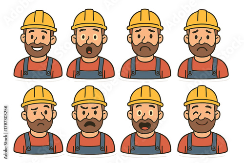 Bearded man avatar in safety helmet showing eight different facial expressions