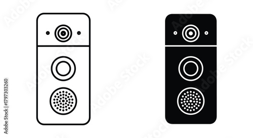 Smart home video doorbell and intercom icon set with camera, button, and speaker, line and glyph style