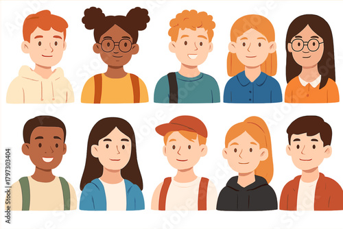 Diverse smiling young student portraits for profile icons and user avatars
