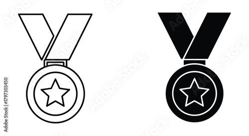 Outline and solid style award medal icon set with a star, symbolizing victory, achievement, recognition, and success.