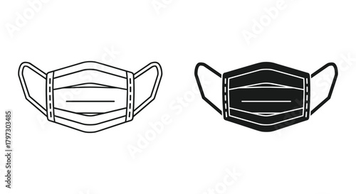 Healthcare protective face mask outline and solid black icon for safety, disease prevention, and public health.