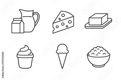 Outline symbols representing fresh dairy products like milk, cheese, butter, and ice cream