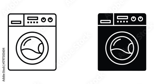Washing machine outline and glyph icon set for laundry, cleaning, and household appliance concepts. modern vector illustration.