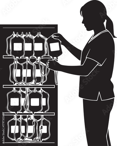 Medical professional carefully arranges blood bags in storage cabinet silhouette style