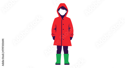 Illustration of a person wearing a red hooded raincoat and green boots