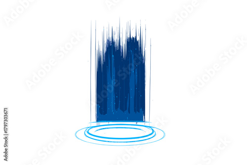 Abstract blue glowing energy portal with vertical light streaks and circular base rings on white background