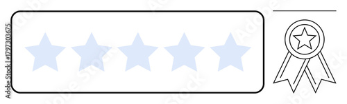 Five stars aligned in a rating bar alongside an award ribbon with a star design. Ideal for feedback, quality, review, achievement, recognition, ranking, service excellence. Simple flat metaphor