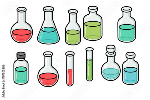 Set of chemistry laboratory equipment including flasks, test tubes, reagent bottles, and glassware