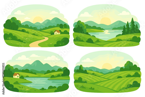Four different idyllic countryside landscapes with green rolling hills, mountains, lakes, and sunny skies