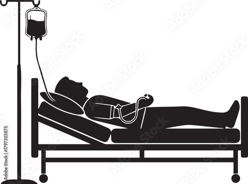 Patient receiving intravenous infusion in hospital bed silhouette with iv stand medical care concept