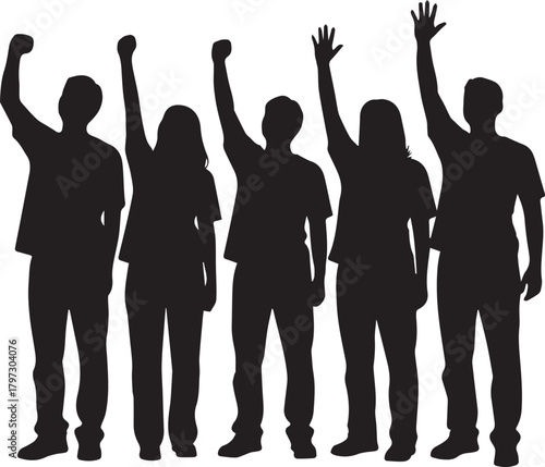 Diverse group of people silhouetted with raised fists celebrating unity and freedom