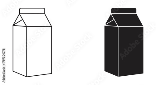 Milk carton box icon set: outline and solid fill vector graphics for food and drink packaging design elements.