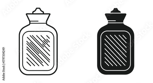 Hot water bottle icon set: outline and solid black silhouette symbols for warmth, comfort, and pain relief