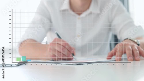 Businessman analyzes financial data, forex trading on screen with tablet in office, symbolizing money, investment, profit, financial growth, trading, currency, business success, and economic developme