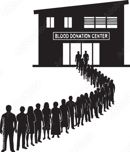 Silhouette of long queue of people waiting outside a blood donation center building entrance