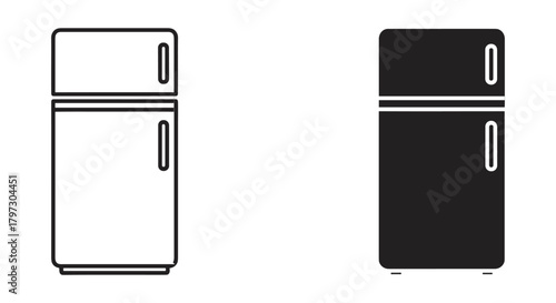 Refrigerator and freezer icon set: outline and solid black silhouette symbols for kitchen appliance or cold storage.