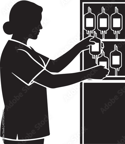 Medical professional arranging iv drips in a hospital healthcare setting silhouette