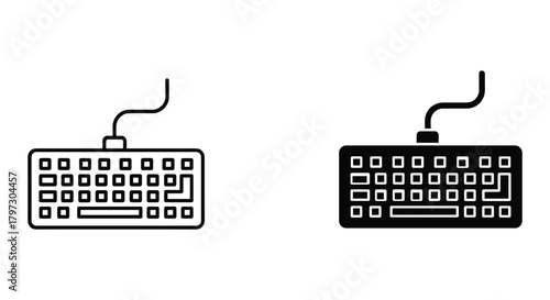 Wired computer keyboard icon set: outline and filled versions for input, typing, and data entry interface.
