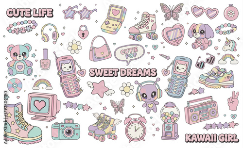 set of kawaii y2k cartoon sticker pack drawing illustration pastel cute vector sweet dreams Alien girlish