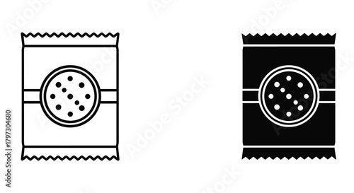 Snack package icon set: outline and glyph versions of a food bag with dots, representing chips or cookies.