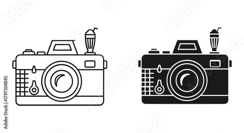Retro camera with milkshake icon set. vintage photography and diner concept illustration. outline and glyph style vector