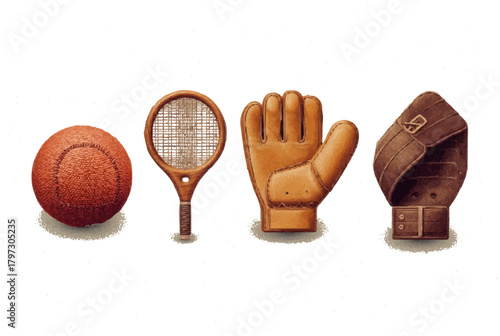Vintage Sporting Icon Collection: Ball, Glove, Racket, Trophy