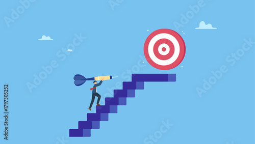 Businessman carrying dart step on stairway to reach dartboard bullseye. Success step to reach business goal, growing journey or aiming to reach target, ambition or challenge.