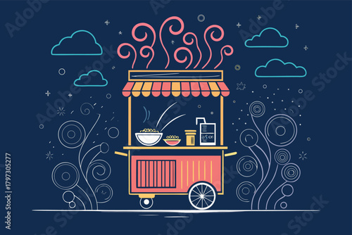 Vibrant street food cart, steaming hot noodles, neon signs, bustling city night, aromatic steam, detailed, atmospheric, urban, culinary delight.