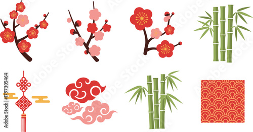 Chinese new year decorations featuring cherry blossoms bamboo and ornate lanterns