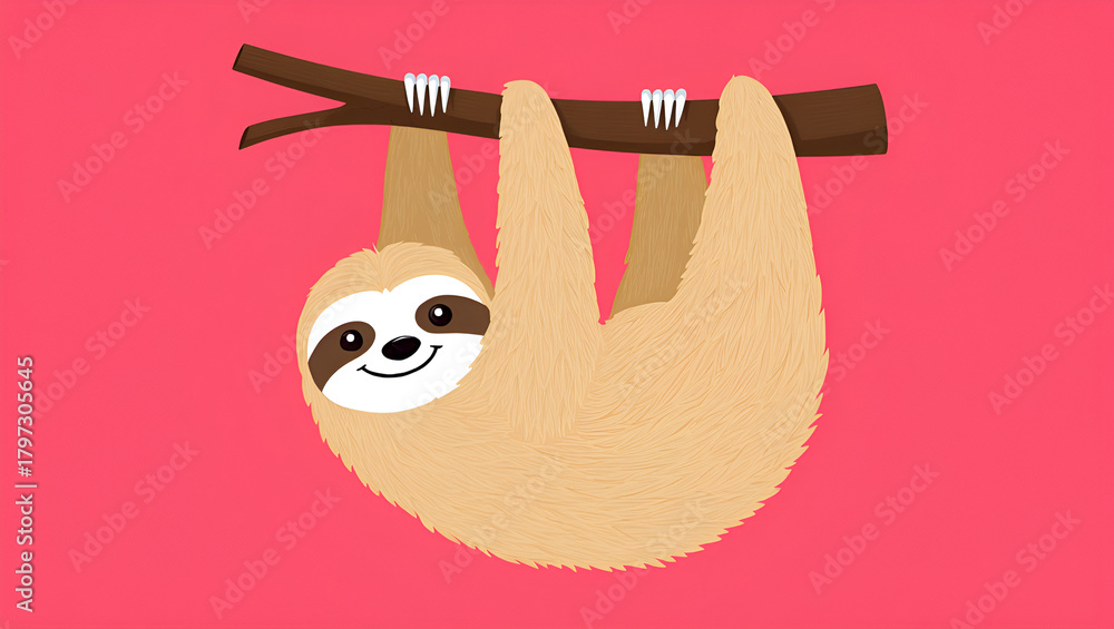 Naklejka premium Charming Cartoon Sloth Hanging from a Tree Branch with a Friendly Smile Against a Vibrant Pink Background, Generative AI