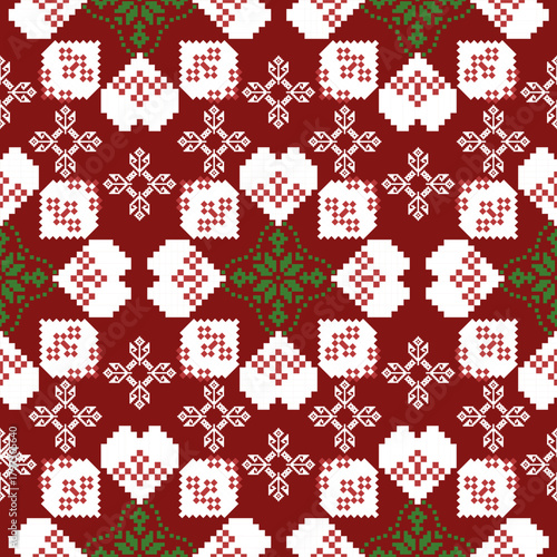 Seamless pattern in a traditional Christmas color. Christmas theme feat folk art inspired floral geometric motifs. For rustic holiday textiles, festive apparel, digital paper, traditional winter bg.