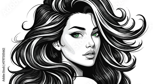 Beautiful woman with flowing hair in black and white portrait with green eyes on transparent background