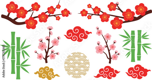 Vibrant chinese new year decorations featuring plum blossoms bamboo and clouds