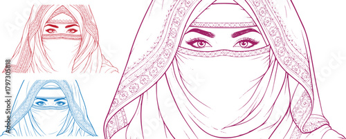 Abstract digital portrait of a veiled woman in vibrant colors against on transparent background