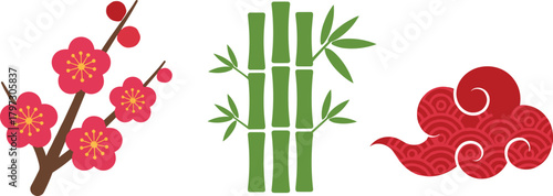Traditional chinese symbols of plum blossom bamboo and auspicious clouds