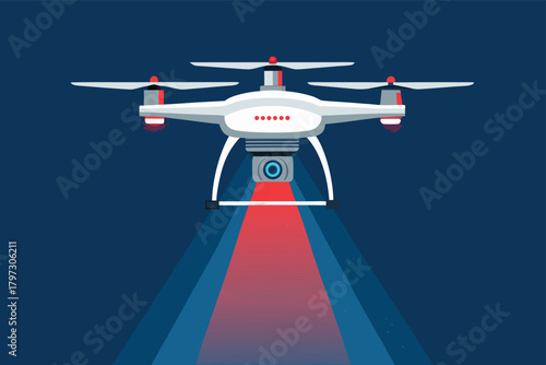 Advanced street medic drone with high-intensity medical scan beam, emergency lighting, data transmission, robotic aid, urban rescue, urgent care, patient assessment, medical equipment, technology.