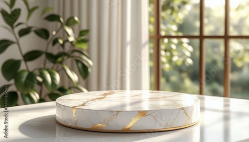 Marble display podium with golden accents on a white table. Elegant product showcase stage for luxury items. Minimalist natural sunlit scene.