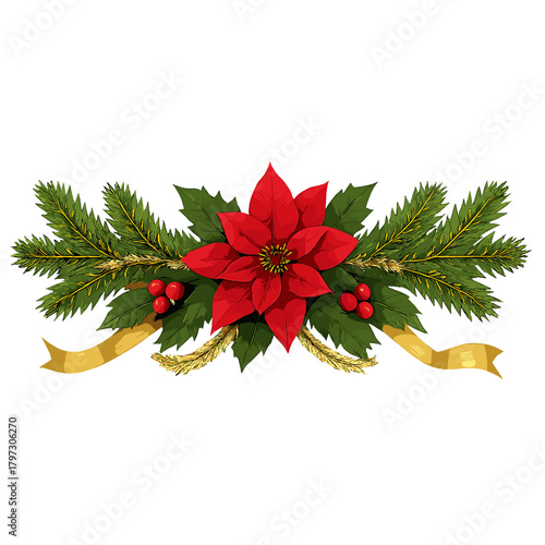 Festive Christmas arrangement with poinsettia, pine branches, holly, berries, and golden ribbon border