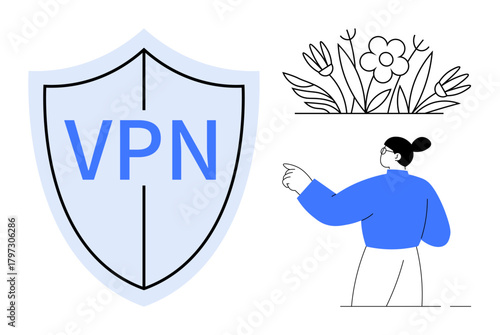 Shield icon with VPN text, woman pointing to blooming flowers. Ideal for cybersecurity, internet privacy, data encryption, secure browsing, confidentiality, online protection safe internet. Simple