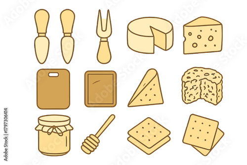 Gourmet cheese board elements set with various cheeses, serving utensils, honey, and crackers