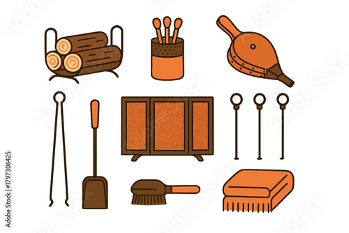 Fireplace accessories set with wood logs, fire screen, bellows, and cleaning tools
