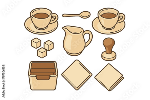 Collection of cafe and coffee accessories including cups, sugar, creamer, and tamper on white background