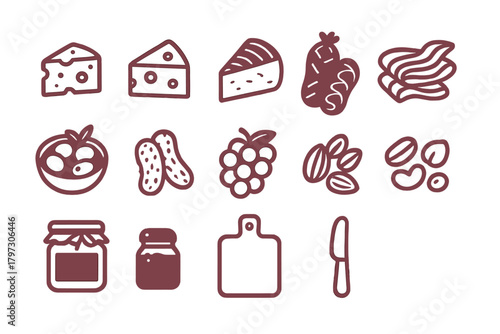 Minimalist set of appetizer and snack items including cheese, sausage, fruit, nuts, and serving tools