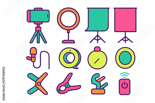 Colorful icons depicting modern vlogging and studio production equipment