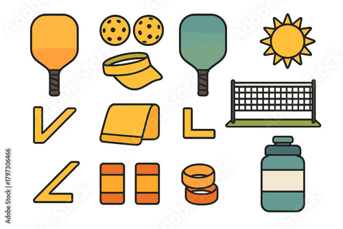 Pickleball essential equipment set including paddles, balls, net, and sun visor