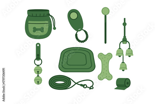 Set of dog training and care equipment featuring leash, treat pouch, clicker, bells, and chew toy