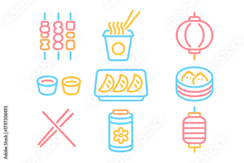 Traditional Asian cuisine and culture symbols in neon outline style