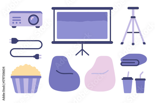 Home Cinema Equipment and Cozy Movie Night Essentials Set with Projector Screen and Snacks
